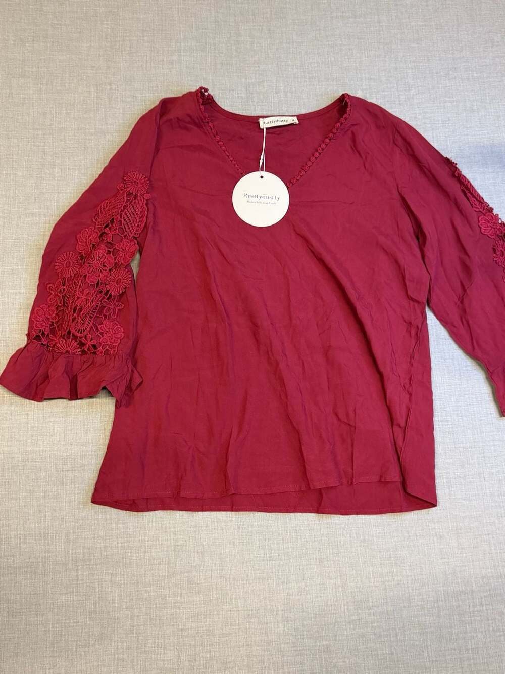 Rusttydustty Burgundy V-Neck Crochet Lace Sleeve Boho Blouse Size M